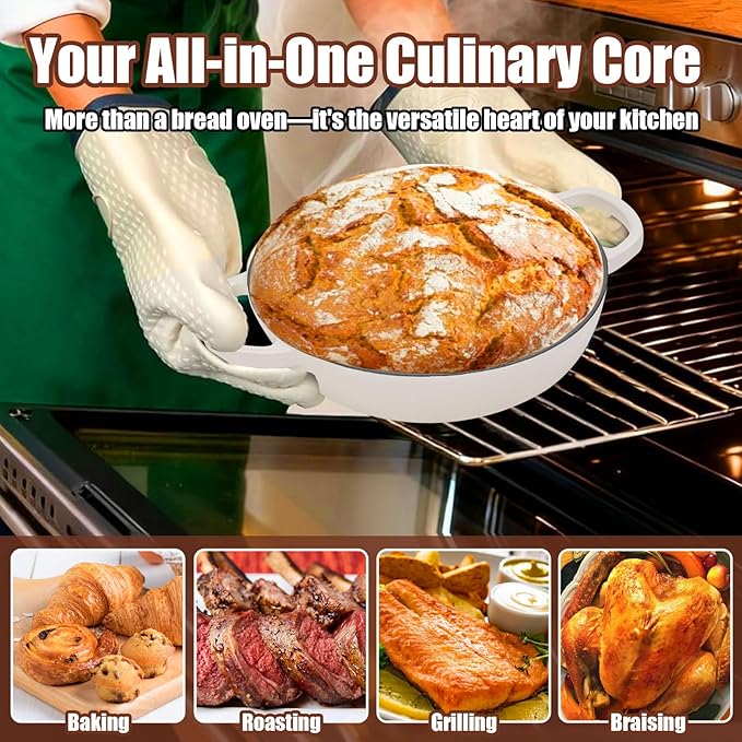 6QT Enameled Cast Iron Dutch Oven for Bread Baking – Sourdough Starter Kit with Cotton Basket, Bread Sling, Lame, Brush & Handle Cover – Multi-Purpose Pot for Baking, Frying, Braising – White