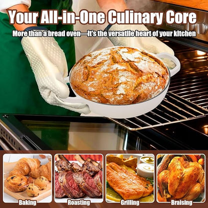 6QT Enameled Cast Iron Dutch Oven for Bread Baking – Sourdough Starter Kit with Cotton Basket, Bread Sling, Lame, Brush & Handle Cover – Multi-Purpose Pot for Baking, Frying, Braising – White
