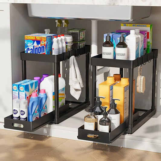 2 Pack Pull-Out Storage Organizers, Under Sink Organizer and Storage for Bathroom & Kitchen,Multi-Purpose Under Cabinet Organizers and storage Black by Pougny