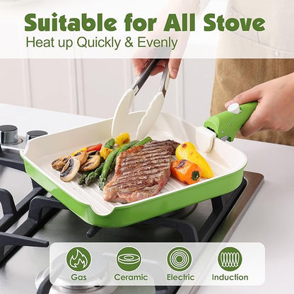 SENSARTE 17 Piece Ceramic Pots and Pans Set, Nonstick Detachable Handle Cookware, Induction Kitchen Cookware Set with Removable Handle, Dishwasher ＆ Oven Safe (Green) - Image 6