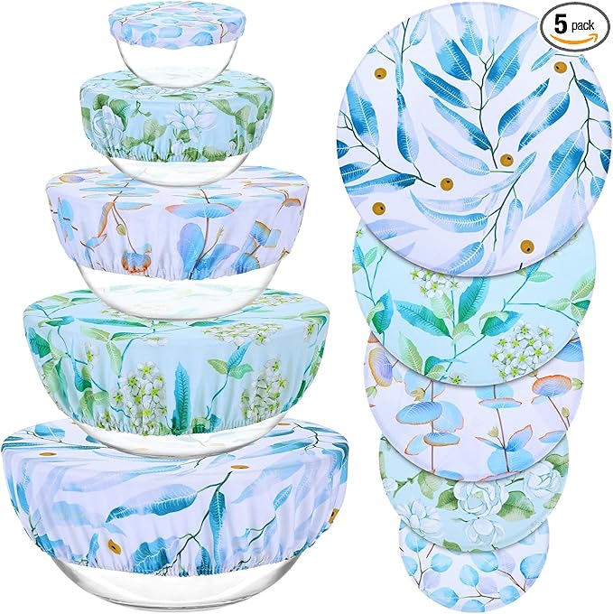 5 Pieces Bowl Covers Reusable, 5 Size Elastic Cloth Bowl Covers for Bread Proofing, Food Covers Washable for Food Fruits Leftover (Eucalyptus Leaves) by Revahope