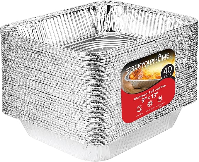 Stock Your Home 9x13 Aluminum Pans (40 Pack) - Disposable and Recyclable Foil Trays - Half Size Steam Table Deep Pans - Tin Foils for Cooking, Heating, Storing, Prepping Food by StockYourHome