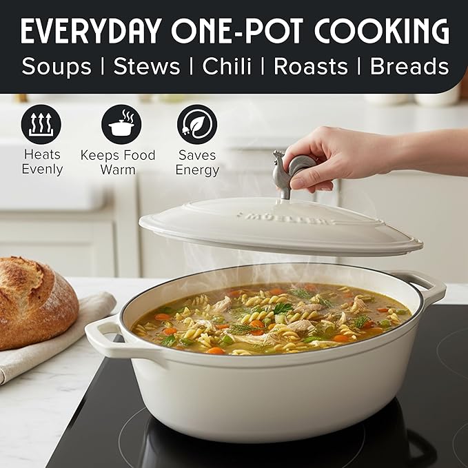 MUELLER HOME 5.5 Quart Enameled Cast Iron Oval Dutch Oven with Rooster Knob & Cotton Potholders, Heavy-Duty Cookware, Oven-Safe up to 500° F & Across All Cooktops, Gifts for Grandma & Women, White - Image 6