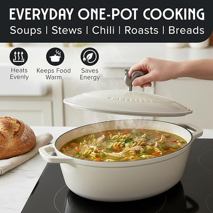 MUELLER HOME 5.5 Quart Enameled Cast Iron Oval Dutch Oven with Rooster Knob & Cotton Potholders, Heavy-Duty Cookware, Oven-Safe up to 500° F & Across All Cooktops, Gifts for Grandma & Women, White - Image 6