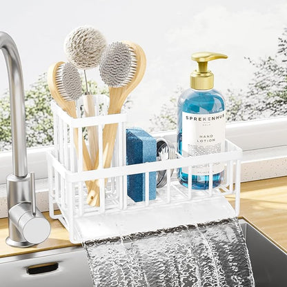Kitsure Sponge Holder for Kitchen Sink - Rustproof Stainless Steel Sink Caddy Organization and Storage Essentials with High Brush Holder, Home Decor Accessories, 7.9" x 3.7" x 6.2", White by Kitsure