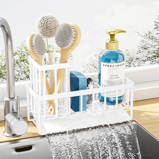 Kitsure Sponge Holder for Kitchen Sink - Rustproof Stainless Steel Sink Caddy Organization and Storage Essentials with High Brush Holder, Home Decor Accessories, 7.9" x 3.7" x 6.2", White by Kitsure