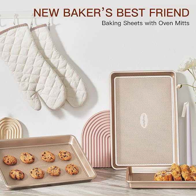 HONGBAKE 3 Pack Gold Nonstick Baking Sheet Pan Set with Oven Mitts Heat Resistant, Non-Toxic Half/Quarter/Jelly Roll Pans with Diamond Texture Pattern, Heavy Duty 0.8mm Thick Cookie Trays for Cooking - Image 5