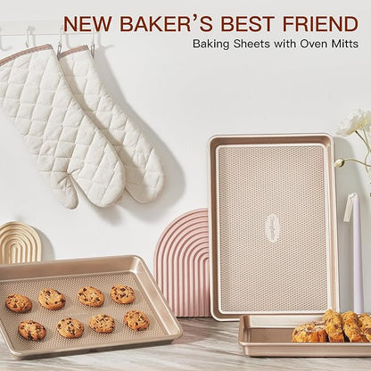 HONGBAKE 3 Pack Gold Nonstick Baking Sheet Pan Set with Oven Mitts Heat Resistant, Non-Toxic Half/Quarter/Jelly Roll Pans with Diamond Texture Pattern, Heavy Duty 0.8mm Thick Cookie Trays for Cooking - Image 5