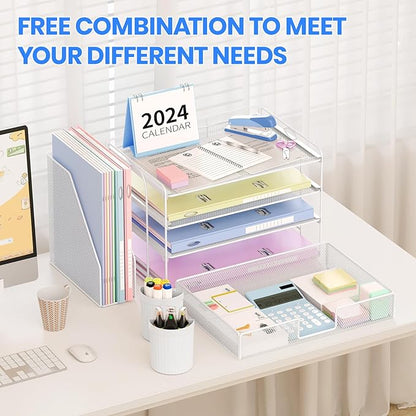 OPNICE Desk Organizer, 4-Tier Desktop File Organizer with Drawer and 2 Pen Holders, Office Desk Accessories, File Sorters, Workspace Organizers for Office Supplies(White)