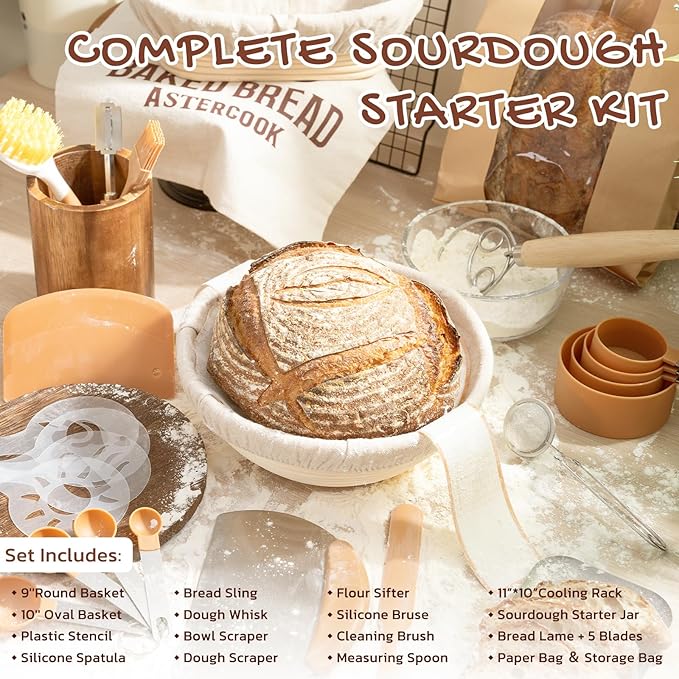 Astercook Sourdough Starter Kit with Round & Oval Banneton Bread Proofing Basket, Bread Sling, Starter Jar, Dough Whisk, Scrapers, Stencils, Complete Sourdough Bread Baking Supplies, Mothers Day Gifts - Image 2