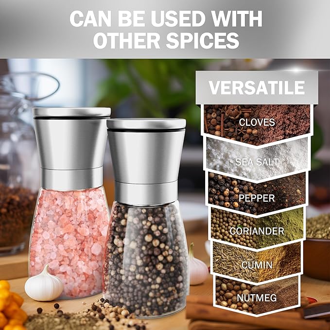 Home EC Original Stainless Steel Sea Salt and Pepper Grinder Set of 2 - Adjustable Ceramic - Glass Salt and Pepper Shakers - Kitchen Pepper Mill & Salt Mill W/Funnel & EBook - Image 4
