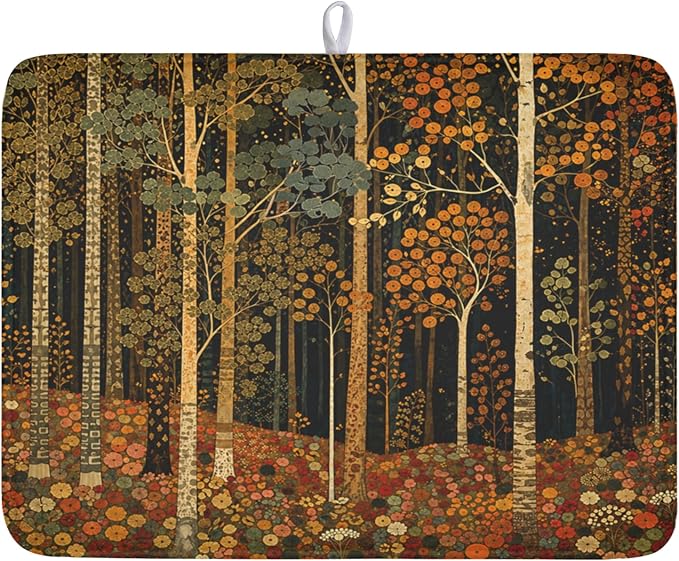 Fall Dish Drying Mat for Kitchen Counter Autumn Forest Vintage Botanical Nature Microfiber Dish Drainer Mat Antique Rustic Farmhouse Absorbent Washable Drying Pad 18"x24"