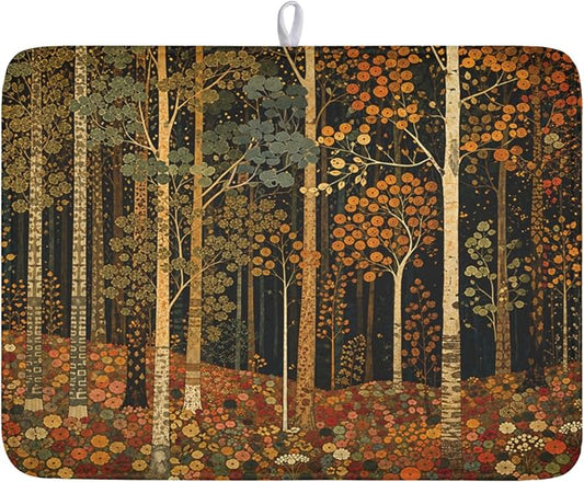 Fall Dish Drying Mat for Kitchen Counter Autumn Forest Vintage Botanical Nature Microfiber Dish Drainer Mat Antique Rustic Farmhouse Absorbent Washable Drying Pad 18"x24"