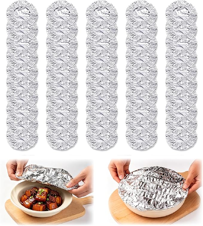 Reusable Aluminum Foil Food Cover, Heat-Insulating, Freshness-Preserving, Flexible Kitchen Lids for Meal Prep Baking Leftovers and Food Storage (50)