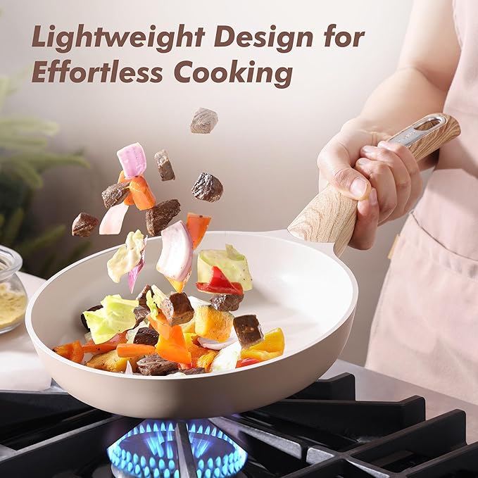 SENSARTE Ceramic Nonstick Frying Pan Skillet with Lid 8inch Non Stick Pan Omelet Pans, Non-toxic Healthy Kitchen Cooking Chef's Pan, Free of Intentionally Added PFAS/PTFE, Induction Compatible, Taupe - Image 3