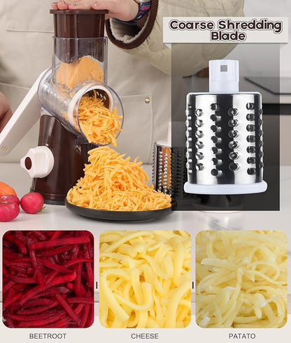 Ourokhome Rotary Cheese Grater Hand Crank, Kitchen Shredder Speed Mandolin Slicer Nut Grinder with Handle and Drum Blades for Cheese, Vegetable, Walnuts, Chocolate, Potato, Carrot,3 Blades, Coffee - Image 3