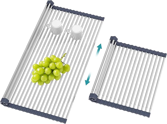 BBXTYLY Extra Large Expandable Roll Up Dish Drying Rack,Over The Sink Drying Rack Sink Cover Kitchen Sink Accessories Kitchen Rolling up Stainless Steel Drainer, Foldable,Rollable（Grey，25.1''-17.3''） by BBXTYLY