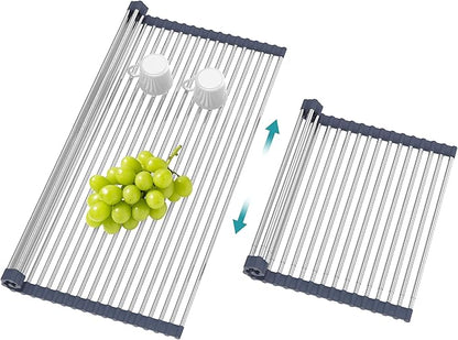 BBXTYLY Extra Large Expandable Roll Up Dish Drying Rack,Over The Sink Drying Rack Sink Cover Kitchen Sink Accessories Kitchen Rolling up Stainless Steel Drainer, Foldable,Rollable（Grey，25.1''-17.3''） by BBXTYLY