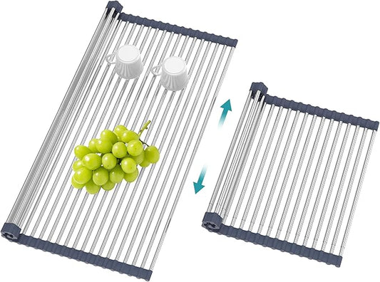 BBXTYLY Extra Large Expandable Roll Up Dish Drying Rack,Over The Sink Drying Rack Sink Cover Kitchen Sink Accessories Kitchen Rolling up Stainless Steel Drainer, Foldable,Rollable（Grey，25.1''-17.3''） by BBXTYLY