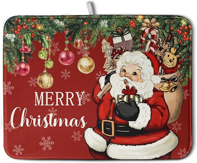 Merry Christmas Dish Drying Mat Santa Claus Kitchen Drainer Mats Microfiber Absorbent Winter Xmas Holiday Dishes Pad Reusable Dish Rack Mat for Countertop Tableware Decor 18x24 Inch by Kwlegh