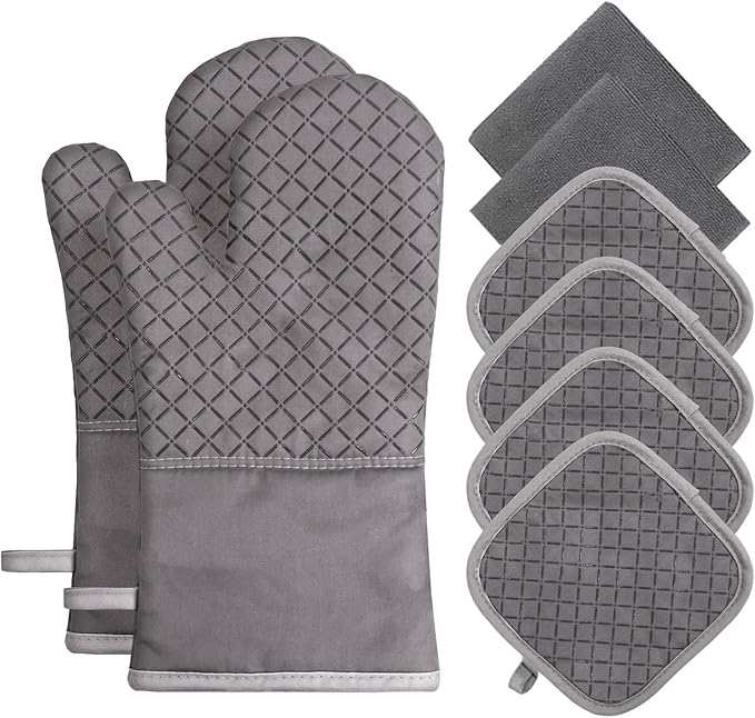 Oven Mitts and Pot Holders 8pcs Set, Cotton Oven Glove with Non-Slip Silicone Surface, Machine Washable Pot Holders, Extra Long Oven mits, Heat Resistant 500 °F, for Cooking, Grilling, Baking by Owfeel