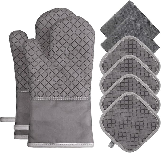 Oven Mitts and Pot Holders 8pcs Set, Cotton Oven Glove with Non-Slip Silicone Surface, Machine Washable Pot Holders, Extra Long Oven mits, Heat Resistant 500 °F, for Cooking, Grilling, Baking by Owfeel