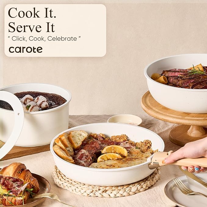 CAROTE 19pcs Pots and Pans Non Stick, Cookware Sets Detachable Handle, Induction Kitchen Pots and Pans,NonStick Cooking Set, Oven/Dishwasher/Fridge Safe, Space Saving - Image 7