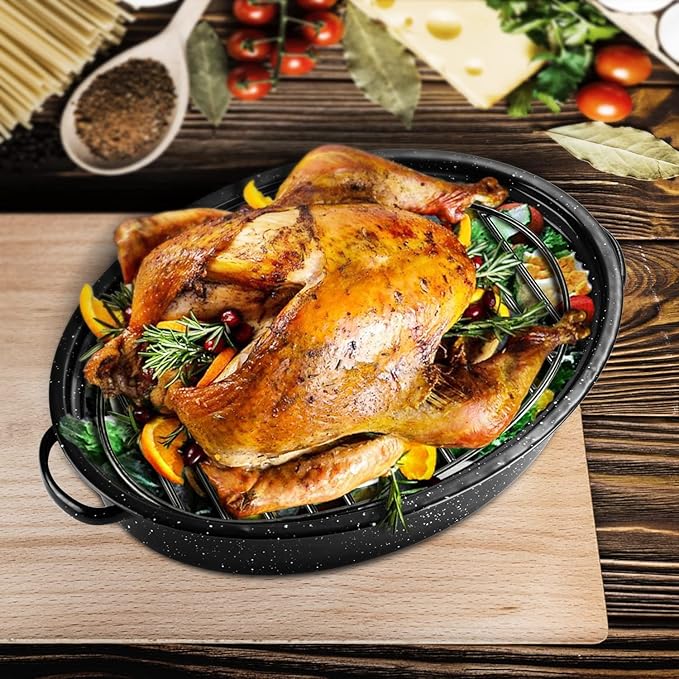DIMESHY Roasting Rack, Black with Integrated Feet, Enamel Finished, Nonstick, fit for 15 inches oval roasting pan, safety, dishwasher, Great for Basting, Cooking, Drying, Cooling rack. (12.5”x 8.5”)