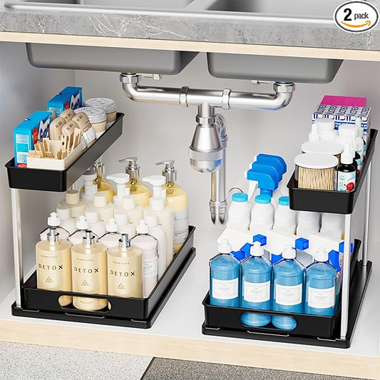 Yieach 2 Pack 10.8″ High Pull Out Under Sink Organizer,14.5″ Deep 2 Tier Slide Out Cabinet Organizer for Kitchen Cabinet,Undersink Organizers,Under Sink Shelves,Bathroom Organizers and Storage,Black