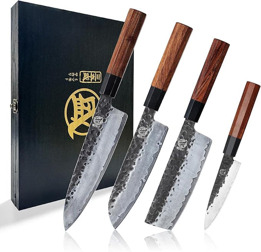 MITSUMOTO SAKARI Japanese Chef's Knife Set 4 Pcs, Professional Hand Forged Kitchen Chef Knife Set, High Carbon Ultra Sharp Cooking Chefs Knife Set (Rosewood Handle & Sandalwood Box) by MITSUMOTOSAKARI