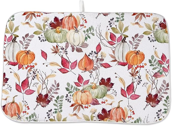Fall Autumn Dish Drying Mat 18 x 24 inch Thanksgiving Pumpkin Maple Leaf Flower Decorative Drying Mats Microfiber Absorbent Dish Washable Draining Mat for Kitchen Counter Decor