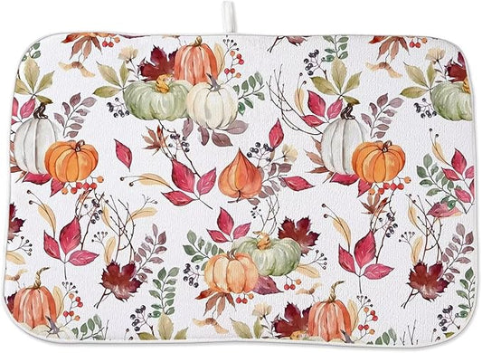 Fall Autumn Dish Drying Mat 18 x 24 inch Thanksgiving Pumpkin Maple Leaf Flower Decorative Drying Mats Microfiber Absorbent Dish Washable Draining Mat for Kitchen Counter Decor