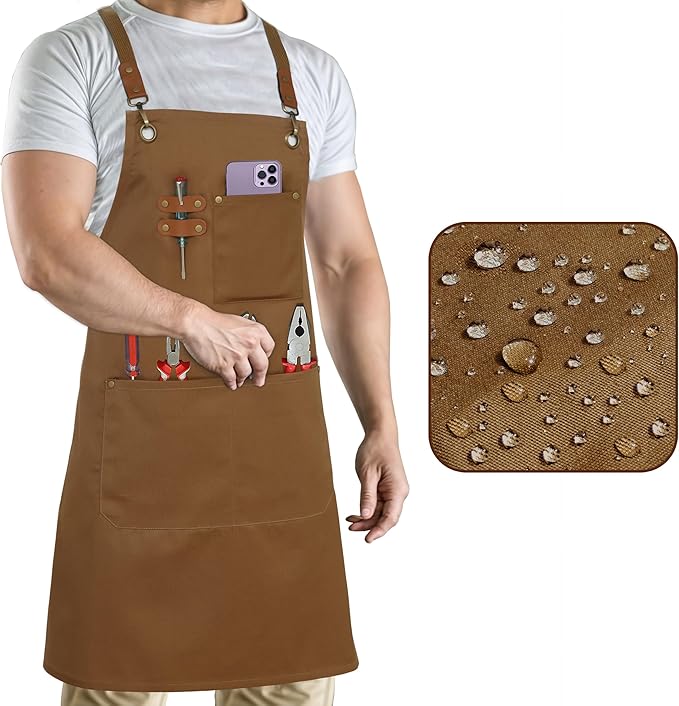 RUVANTI Work Aprons for Men, Oil & Water Repellent, PolyCotton Cross Back Aprons for Women with Pockets, Adjustable up to XXL, Chef Aprons for Cooking, Grilling, Welding, Woodworking - Brown Aprons