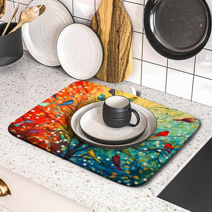 Colorful Spring Summer Tree Bird Dish Drying Mats for Kitchen Counter 16”x18” Absorbent Reversible Microfiber Spring Floral Dish Drying Pad Seasonal Flowers Mat Dish Draining Mat for Countertop Decor