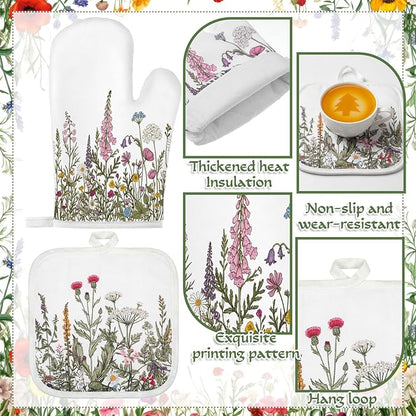 Fanfanwin 10 Pcs Wildflower Kitchen Decor Set Floral Kitchen Towels and Rugs Pot Holders Oven Mitts Spring Dishcloths Fast Drying Decorative Set for Baking Cooking Gift
