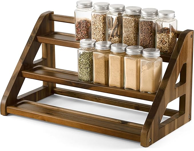 Tinamo Acacia Wood Spice Rack - Wooden 3-Tier Spice Rack Organizer for Countertop or Cabinet – Kitchen Spice Organizer and Seasoning Organizer Shelf (Walnut) by TINAMO