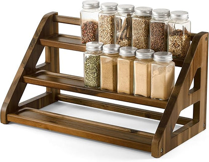 Tinamo Acacia Wood Spice Rack - Wooden 3-Tier Spice Rack Organizer for Countertop or Cabinet – Kitchen Spice Organizer and Seasoning Organizer Shelf (Walnut) by TINAMO