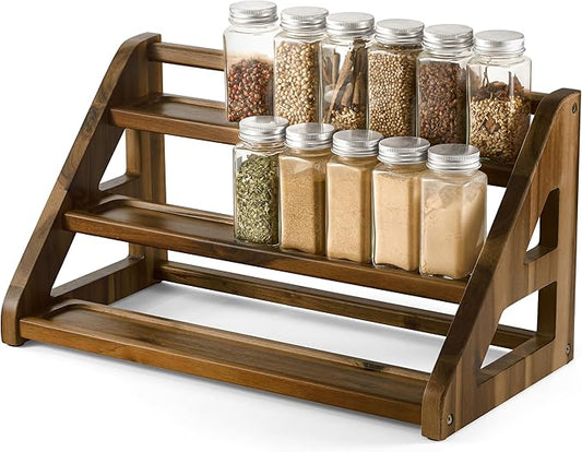 Tinamo Acacia Wood Spice Rack - Wooden 3-Tier Spice Rack Organizer for Countertop or Cabinet – Kitchen Spice Organizer and Seasoning Organizer Shelf (Walnut) by TINAMO