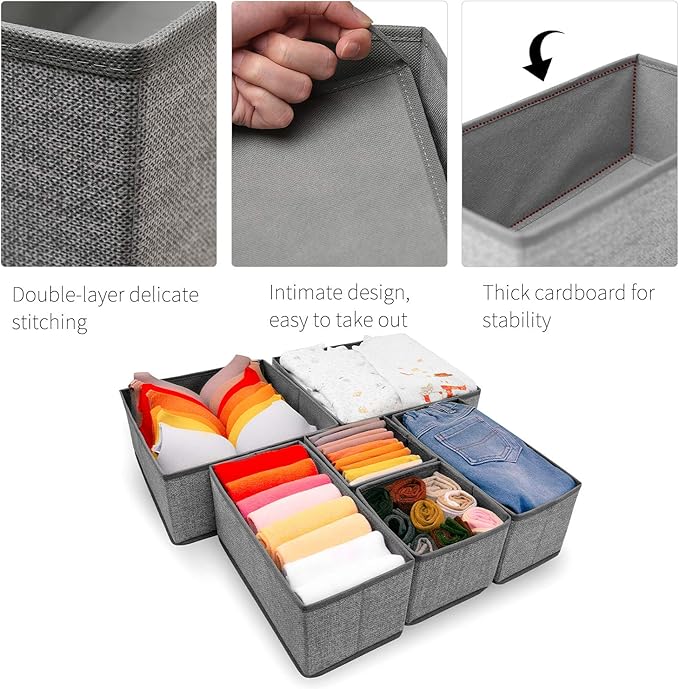 Criusia Foldable Underwear Drawer Organizer, Closet Dividers, Storage Box for Clothes, Socks (6 Bins, Gray) - Image 2