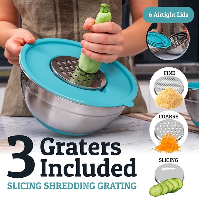 Priority Chef 6Pc Large Mixing Bowls With Lids Set with Non-Slip Bases, Stainless Steel Mixing Bowl Set, 6 Airtight Lids and 3 Graters, Turquoise - Image 4