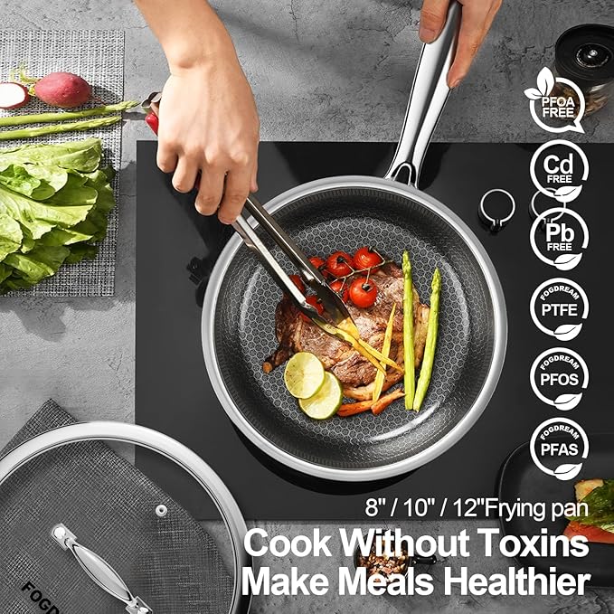 FogDream 10" 11" Stainless Steel Frying Pan with Lid, Honeycomb Hybrid Nonstick Skillet for Induction & All Cooktops, PFAS/PFOA/PTFE Free, Oven Safe to 500°F, Stay-Cool Handle, Dishwasher Safe, Silver - Image 4
