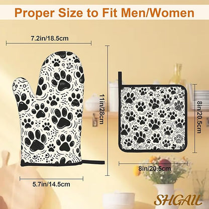 Black White Paw Oven Mitts & Potholder Set of 4 - Heat Resistant Kitchen Gloves Hot Pads for Baking, Cooking, Gifts for Women