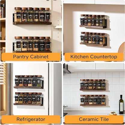 2-Tier Wall Mount Spice Rack Organizer - Screw/Adhesive Mount, Black Metal & Wood Spice Storage for Kitchen Pantry Cabinet, 11.6”L x 2.4”W x 3.2”H,Spice Jars Not Included - Image 6