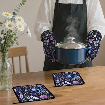 Wildflowers Oven Mitts and Pot Holders,Vintage Garden Herb Flower Heat Resistant Oven Mitts Gloves and Pot Holder for Home Kitchen Decorations Cooking Baking BBQ Gifts,Set of 4