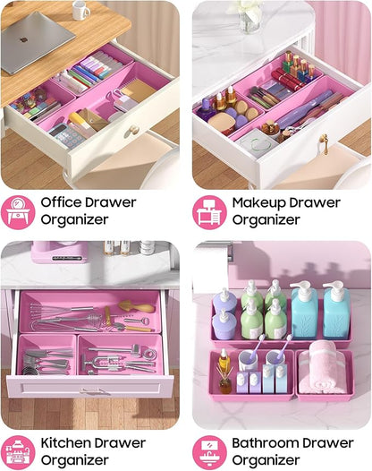 10 Pack Large Size Plastic Drawer Organizers Set, 3 Sizes Desk Drawer Organizer Trays, Storage Bins for Vanity, Makeup, Bathroom, Kitchen Utensils and Office (Pink)