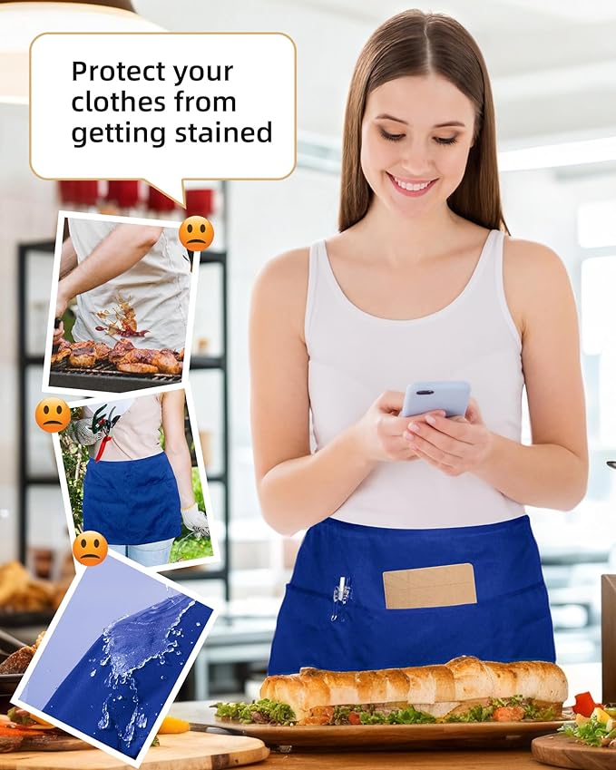 Argstar 2 Pack Server Apron with 4 Pockets, Waitress Waiter Waist WaterDrop Resistant Short Aprons