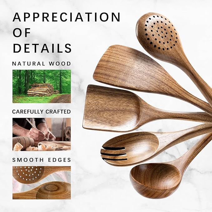 Wooden Spoons for Cooking, Nonstick Cooking Utensil Set with 5 Piece Acacia Wooden Spatulas and Spoons for Cooking, Terrific for Everyday Kitchen Tasks - Image 4