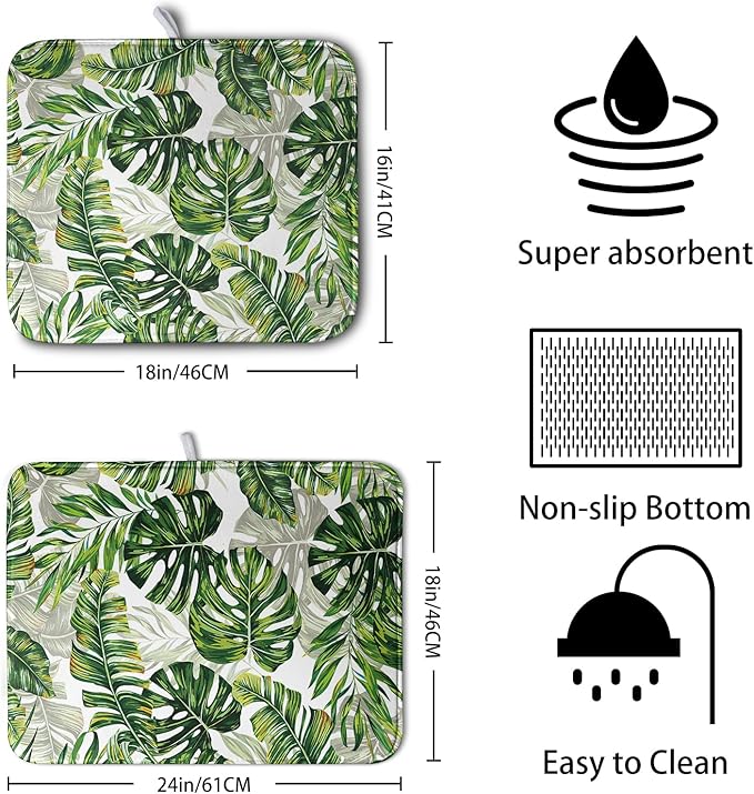 Tropical Palm Leaves Dish Drying Mat for Dishes 16x18 Inch Spring Green Monstera Leaf Drying Mat Watercolor Herbs Dish Drainer Mat Super Absorbent Dish Rack Pad for Coffee Bar Sinks - Image 2