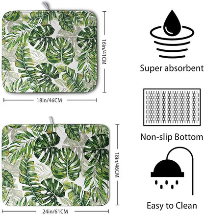 Tropical Palm Leaves Dish Drying Mat for Dishes 16x18 Inch Spring Green Monstera Leaf Drying Mat Watercolor Herbs Dish Drainer Mat Super Absorbent Dish Rack Pad for Coffee Bar Sinks - Image 2