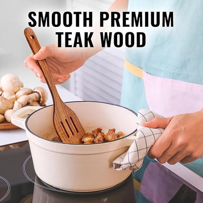 Zulay Kitchen Teak Wood Slotted Spatula – Durable & Heat-Resistant Cooking Utensil for Non-Stick Pans – Wooden Turner for Stirring, Flipping & Serving - Brown